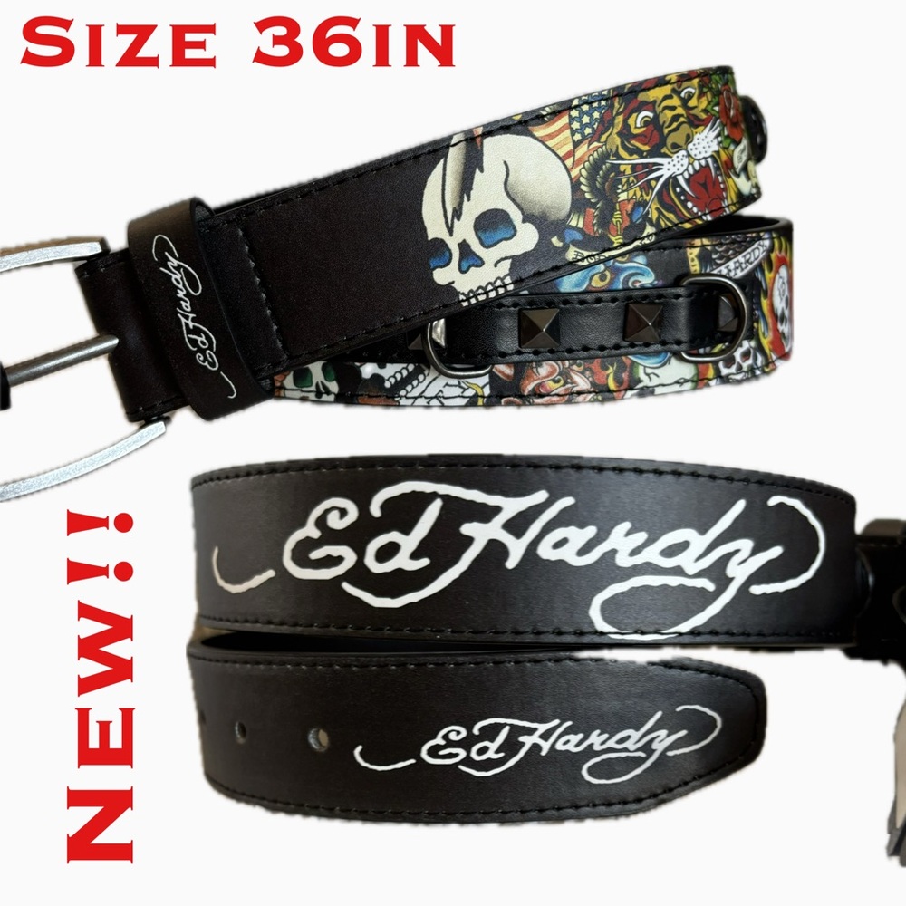 Ed Hardy Black Leather Belt with Skull Design NWT